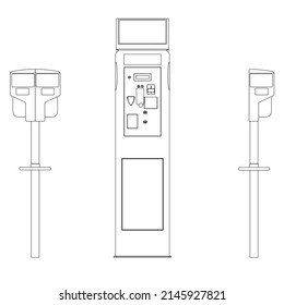 The contour of the parking meter for cars from black lines isolated on a white background. Front view. Vector illustration