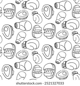 contour pattern of boxing accessories for training. Boxing gloves, Punching gloves. The texture of sporting goods in black and white colors. Contoured seamless texture. Contrasting monochrome