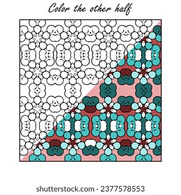 A contour pattern divided into two halves, one of which is colored, and the other needs to be painted. Version No. 8. Vector illustration