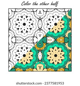 A contour pattern divided into two halves, one of which is colored, and the other needs to be painted. Version No. 6. Vector illustration