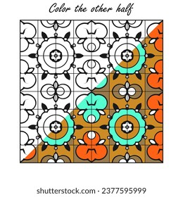 A contour pattern divided into two halves, one of which is colored, and the other needs to be painted. Version No. 4. Vector illustration