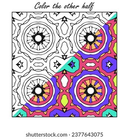 A contour pattern divided into two halves, one of which is colored, and the other needs to be painted. Vector illustration