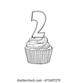 Contour pattern in the form of a cupcake with a number two. Happy Birthday postcard. Vector illustration.