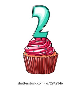 Contour pattern in the form of a cupcake with a number two. Colorful Happy Birthday postcard. Vector illustration.