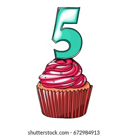 Contour pattern in the form of a cupcake with a number five. Colorful Happy Birthday postcard. Vector illustration.