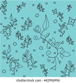 Contour pattern of leaves and flowers on a blue background