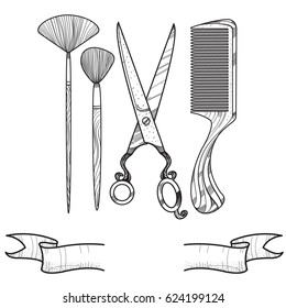Contour pattern with scissors, comb and tassels for make-up. Illustration for coloring. Hairdresser and beauty salon.
