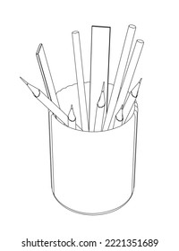 Contour of pencils and rulers in a glass from black lines isolated on a white background. Isometric view. 3D. Vector illustration.