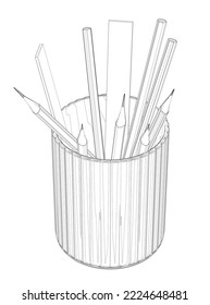 Contour of pencils and rulers in a glass from black lines isolated on a white background. Isometric view. 3D. Vector illustration.