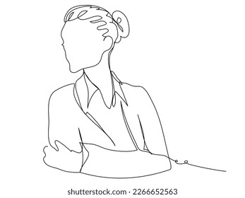 The contour of a pensive girl in strict clothes in one line on a white background. Meditating woman in conceptual style. Stock vector illustration with editable stroke.