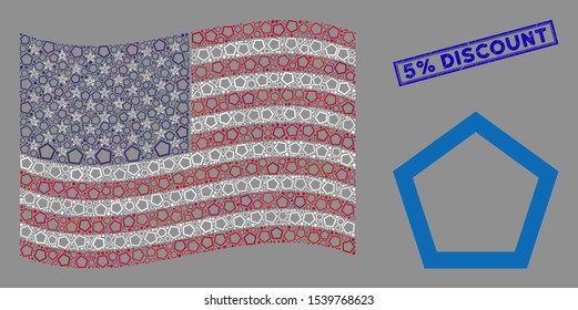 Contour pentagon items are combined into American flag stylization with blue rectangle rubber stamp seal of 5% Discount phrase.