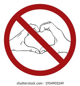 Contour people hands with a silhouette of a heart in a prohibition sign. Ban on love. Risk of infection during the quarantine period. Social distance on holidays. Forbidden on Valentines day holiday