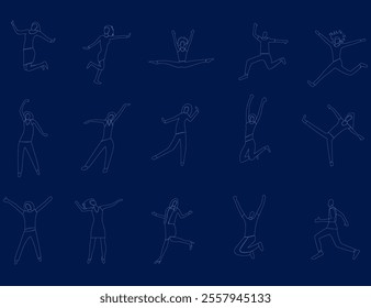 Contour people man and women in various poses collection. Vector illustration