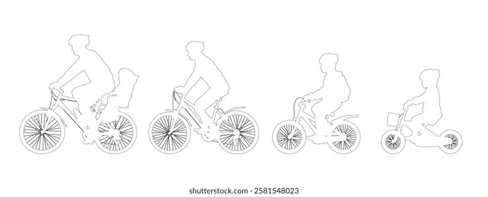 Contour of people on bikes, family leisure. Vector illustration