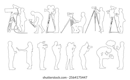 Contour of people with professional video cameras and photo cameras. Set. Vector illustration.