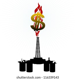 The contour of petroleum rigs and dollar signs amid the burning flames. Illustration on the production and sale of natural resources. Illustration on white background.