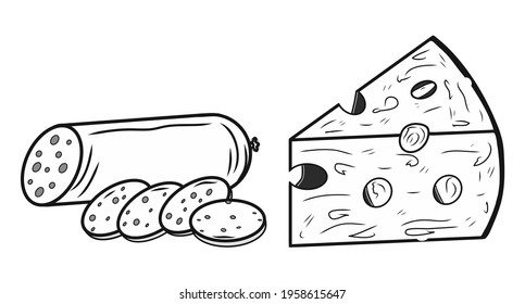 Contour piece of cheese, wurst icons. Creative illustrations. Black sketch. Idea for decors, logo, patterns, papers, covers, gifts, celebrations and holidays, organic food themes. Isolated vector art.