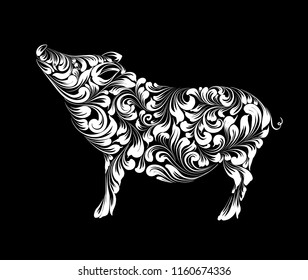 The contour of pig, Chinese calendar symbol of the 2019 year. Christmas invitation with an icon of piglet over the black background. Happy new year card. Vector illustration.