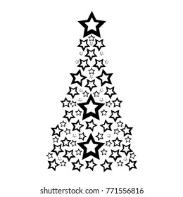 contour pine tree with stars decoration to christmas