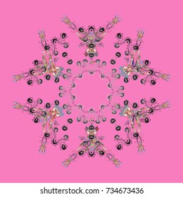 Contour pink, gray and neutral mandala shaped snowflakes for art therapy style zen drawing. Hand-drawn, stylish doodle in tatto style, fabric design and cards in Vector illustration.