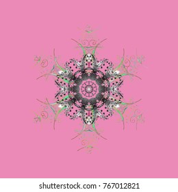 Contour pink, gray and neutral mandala shaped snowflakes for art therapy style zen drawing. Hand-drawn, stylish doodle in tatto style, fabric design and cards in Vector illustration.
