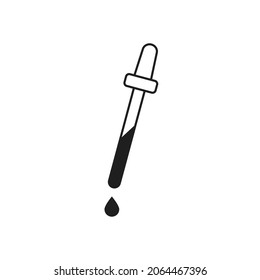 The contour of a pipette with a dark liquid and a drop falling downward. Vector illustration, flat cartoon black minimal design isolated on white background, eps 10.