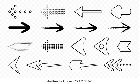 Iconos aislados de flechas negras de contorno y píxel. Tecno punteros futuristas a partir de cuadrados geométricos rellenos y vacíos de varias formas y direcciones vectoriales.