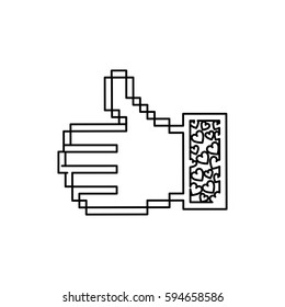 contour of pixel thumb up and sleeve with hearts vector illustration