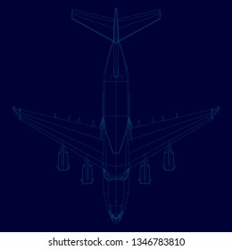 Contour of the plane of the blue lines on a dark background. Contour of the passenger aircraft. View from above. Vector illustration