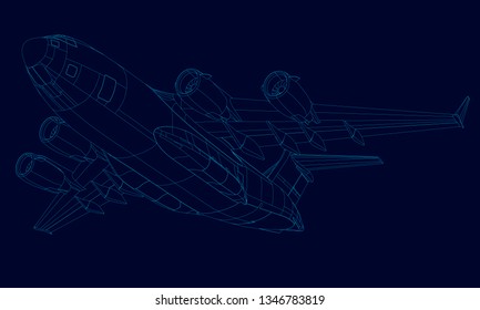Contour of the plane of the blue lines on a dark background. Bottom view. 3D. Vector illustration