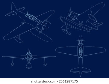 Contour plane set vector illustration. Landing on water