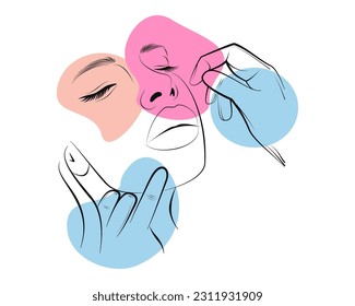 Contorno plástico. Cosmetología. Cara. Rejuvenecimiento. Procedimiento. Servicios. Eliminación de arrugas. Reaparición por láser. El concepto de cuidado de la piel a cualquier edad. Dibujo gráfico de una línea. Abstracción