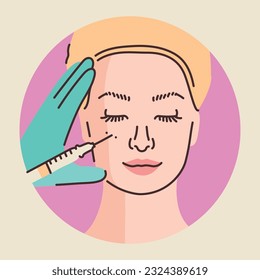 Contour plastic of the middle third of the face color line illustration. Hyaluronic injection. Cosmetology skin care concept. 