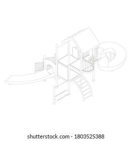 The contour of the playground from black lines on a white background. Children playground with slides and ladders. Isometric view. 3D. Vector illustration