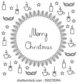 contour Plot of Merry Christmas postcard with round frame and Christmas things around it. contour Plot of Merry Christmas things like candles, Christmas toys, masks and cups of coffee for your design