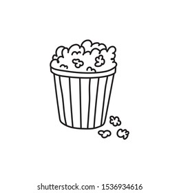 Contour popcorn icon. Hand drawn cartoon illustration of food in cinema. American symbol of snack in doodle style. Large paper cup striped to the top filled with ready-made corn kernels