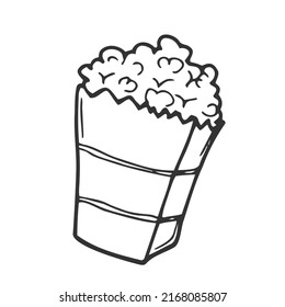Contour popcorn icon. Hand drawn cartoon illustration of food in cinema. American symbol of snack in doodle style. Large paper cup striped to the top filled with ready-made corn kernels