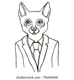 contour portrait of a dog, doodle black and white, caricature puppy in a jacket and tie, solid businessman