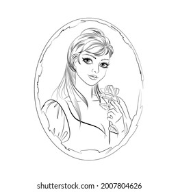 Contour portrait of a young woman with a delicate rose
