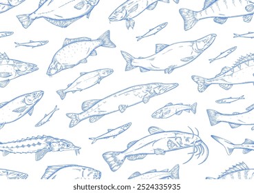 Impressão de contorno de bagre, lúcio, esturjão, salmão. Padrão repetido de diferentes espécies de peixes do mar e do lago. Fundo interminável da pesca. Ilustração de vetor sem costura desenhada à mão de contorno