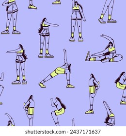 Contour print of physical exercises on fabric. Repeatable pattern of woman workout. Girl does sport, fitness: stretching, practices morning aerobics, keeps fit. Flat seamless vector illustration