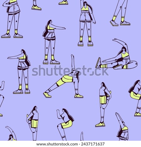 Contour print of physical exercises on fabric. Repeatable pattern of woman workout. Girl does sport, fitness: stretching, practices morning aerobics, keeps fit. Flat seamless vector illustration