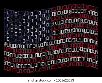 Contour rectangle icons are combined into waving United States flag stylization on a dark background. Vector concept of American state flag is made with contour rectangle items.