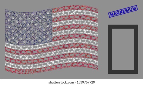 Contour rectangle icons are organized into American flag stylization with blue rectangle grunge stamp seal of Magnesium text.