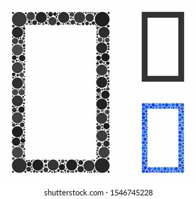 Contour rectangle mosaic of filled circles in different sizes and shades, based on contour rectangle icon. Vector filled circles are composed into blue illustration.