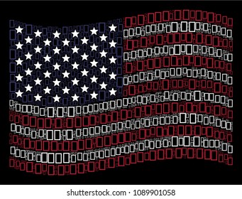 Contour rectangle symbols are arranged into waving United States flag stylization on a dark background. Vector collage of American state flag is formed from contour rectangle elements.