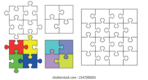 contour from rectangular puzzles, all elements are disassembled and isolated, vector set 