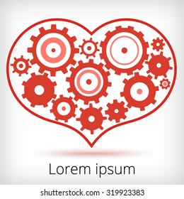Contour Red Color Vector Flat heart with gears mechanism illustration, working heart on white background