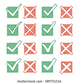 Contour Red Cross X And Green Hook V In Hatching Check Box. Yes No Icons For Highlight Selection. Vector Set