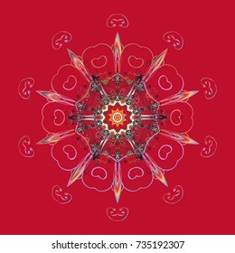 Contour red, gray and pink mandala shaped snowflakes for art therapy style zen drawing. Hand-drawn, stylish doodle in tatto style, fabric design and cards in Vector illustration.